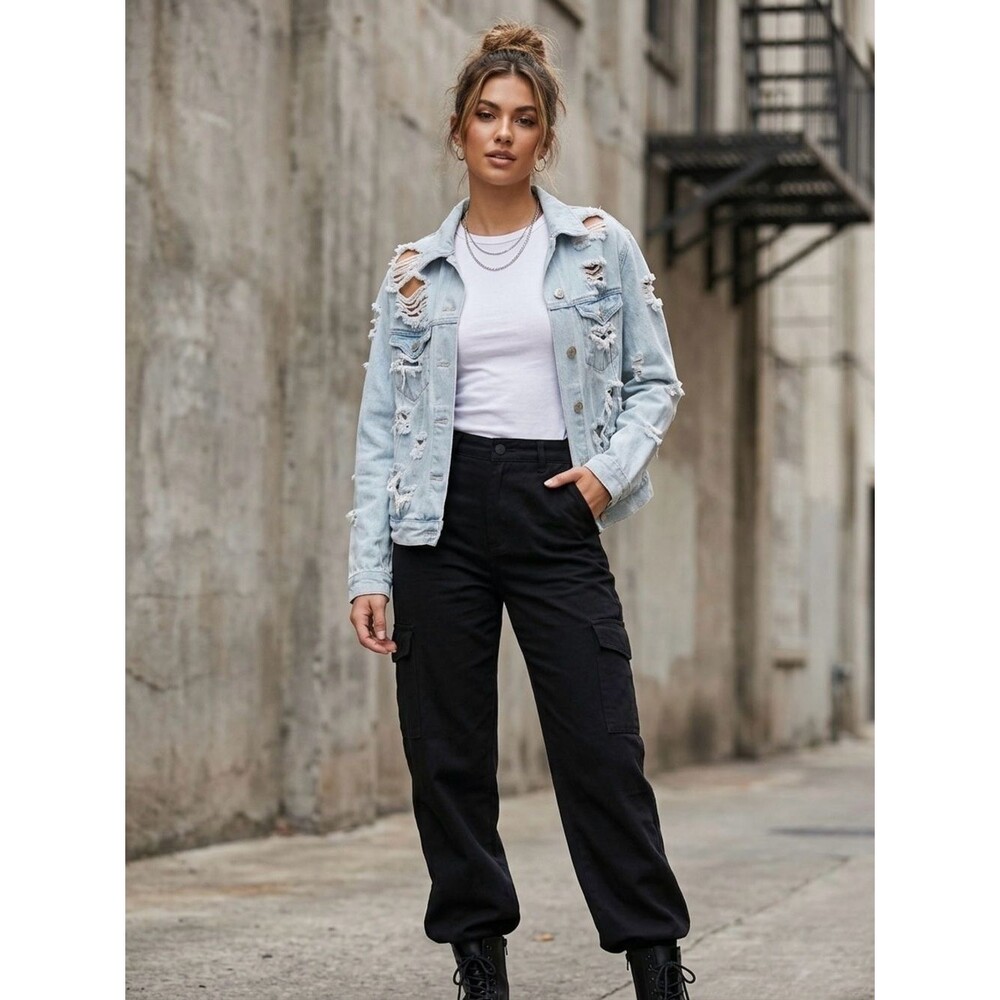 Forever 21 Distressed Light Wash Denim Jacket Small